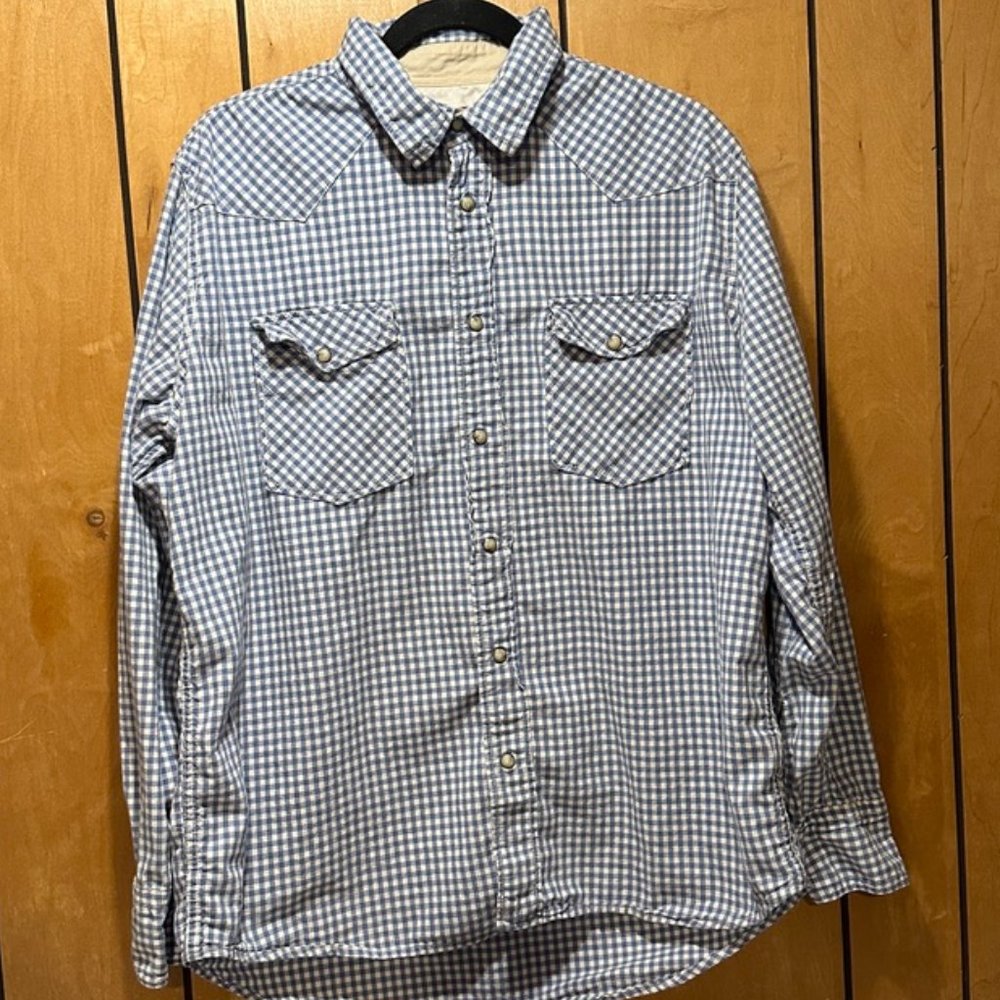 Jeffrey Max Long Sleeve Pearl Snap Buttons Shirt Gingham Light Blue Mens
